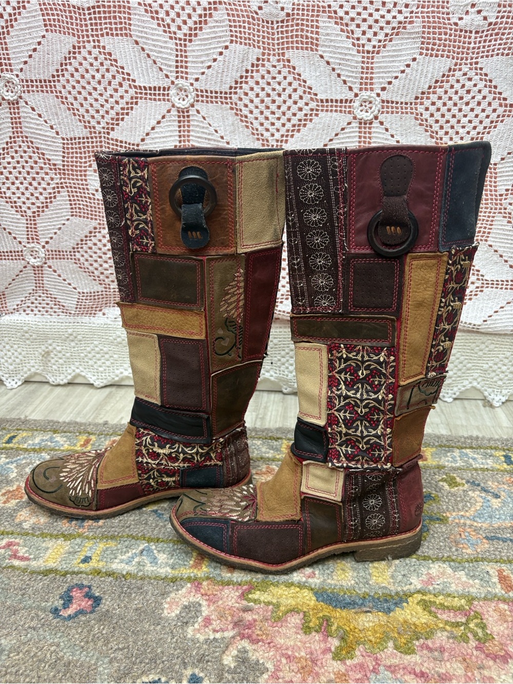 Timberland Limited Edition Patchwork Leather Boots Size 7M Y2K Boho - Picture 7 of 12